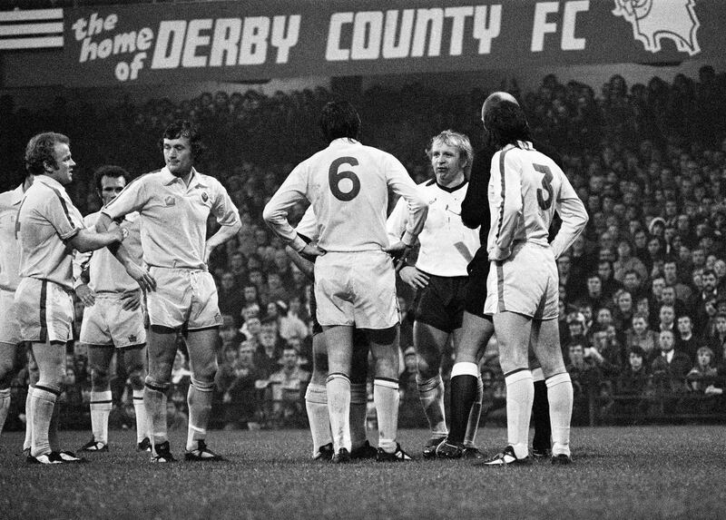 English League Division One match at the Baseball Ground. Derby County 3 v Leeds United 2. Francis Lee and Norman Hunter stare at each other after their punch up, 1st November 1975. (Photo by Dick Williams/Mirrorpix/Getty Images)