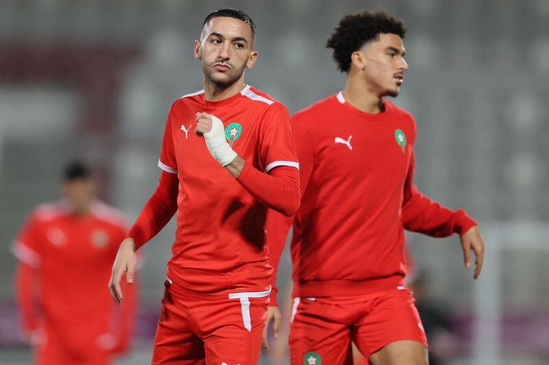 Morocco's Hakim Ziyech and Zakaria Aboukhlal during a training session at Al Duhail Stadium in Doha on the eve of their World Cup quarter-final against Portugal. AFP