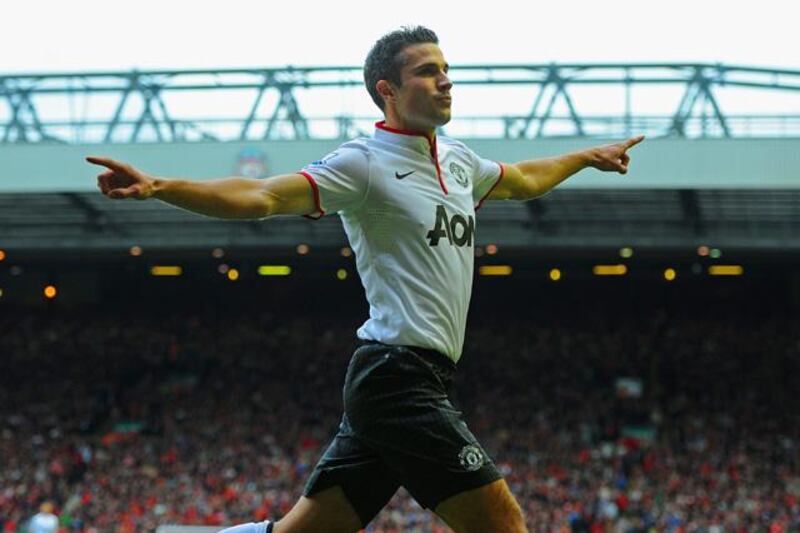 LIVERPOOL, ENGLAND - SEPTEMBER 23:  Robin Van Persie of Manchester United celebrates scoring to make it 2-1 during the Barclays Premier League match between Liverpool and Manchester United at Anfield on September 23, 2012 in Liverpool, England.  (Photo by Michael Regan/Getty Images)