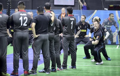 DUBAI , UNITED ARAB EMIRATES , SEP 16  ��� 2017 : - Players of New Zealand ( right ) performing Haka dance in front of the UAE players ( left ) before the start of Indoor Cricket World Cup match between UAE vs New Zealand held at Insportz Club in Al Quoz in Dubai. ( Pawan Singh / The National ) Story by Paul Radley