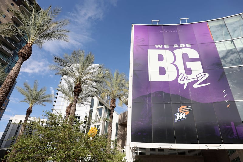 "We Are BG 42" is displayed on the exterior of Footprint Center before the WNBA game between the Phoenix Mercury and the Minnesota Lynx on June 21, 2022 in Phoenix, Arizona. Getty Images / AFP
