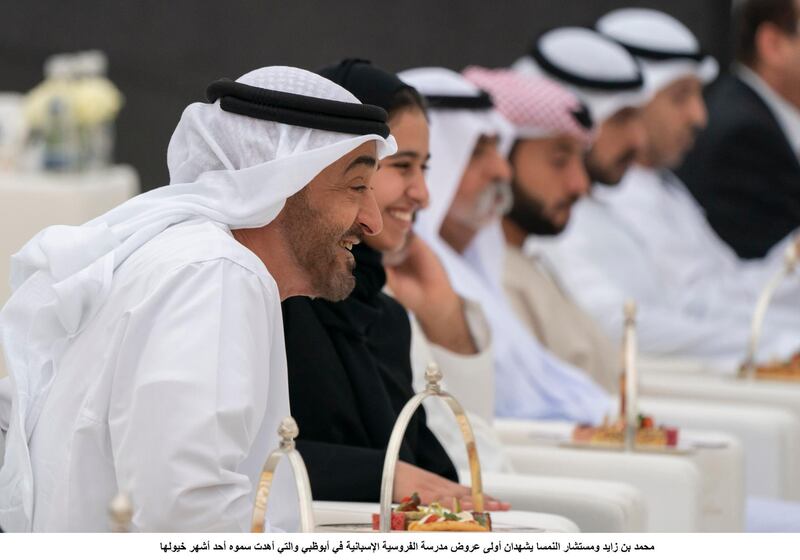 ABU DHABI, UNITED ARAB EMIRATES - March 23, 2019: HH Sheikh Mohamed bin Zayed Al Nahyan, Crown Prince of Abu Dhabi and Deputy Supreme Commander of the UAE Armed Forces (L) and HH Sheikha Hassa bint Mohamed bin Zayed Al Nahyan (2nd L), watch an equestrian performance by the Spanish Riding School of Vienna, at Emirates Palace.

( Mohamed Al Hammadi / Ministry of Presidential Affairs )
---