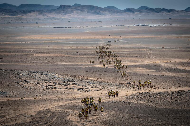 Competitors take part in the Marathon des Sables desert race between Sud Jebel Irhfelt N'Tissalt and Bou Dib in the southern Moroccan Sahara desert, on October 9. AFP