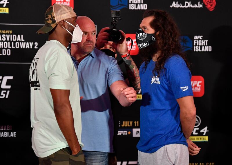 ABU DHABI, UNITED ARAB EMIRATES - JULY 10: (L-R) Opponents Kamaru Usman of Nigeria and Jorge Masvidal face off during the UFC 251 official weigh-in inside Flash Forum at UFC Fight Island on July 10, 2020 on Yas Island Abu Dhabi, United Arab Emirates. (Photo by Jeff Bottari/Zuffa LLC)