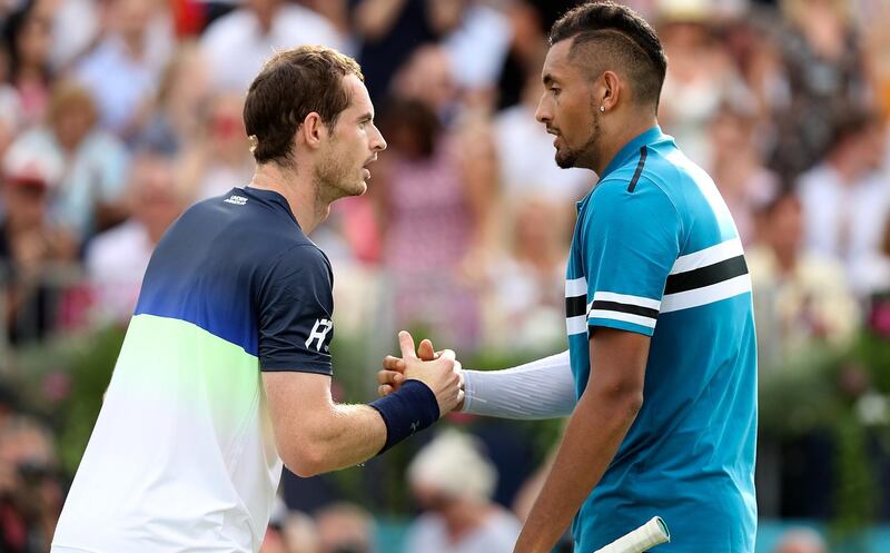 LONDON, ENGLAND - JUNE 19:  Andy Murray of Great Britain and Nick Kyrgios of Australia shake hands following their match on Day Two of the Fever-Tree Championships at Queens Club on June 19, 2018 in London, United Kingdom.  (Photo by Matthew Stockman/Getty Images)