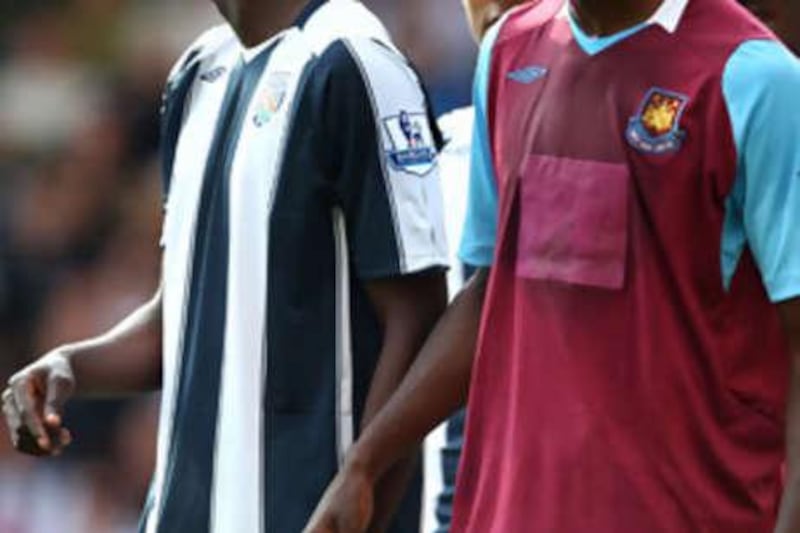 The sponsorless shirts of West Brom, left, and West Ham during the  Premier League match at The Hawthorns in September.