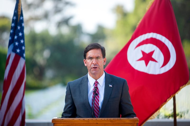 U.S Secretary of Defense Mark Esper delivers his speech as he visits the American military cemetery in Carthage to pay respects to the more than 6,500 U.S. soldiers who were killed or disappeared in the region during World War II, according to the American Battle Monuments Commission, outside Tunis Wednesday, Sept. 30, 2020. U.S. Defense Secretary Mark Esper met Wednesday with Tunisia's president, kicking off a North African tour amid growing regional concern about lawlessness in Libya. (AP Photo/Hassene Dridi)