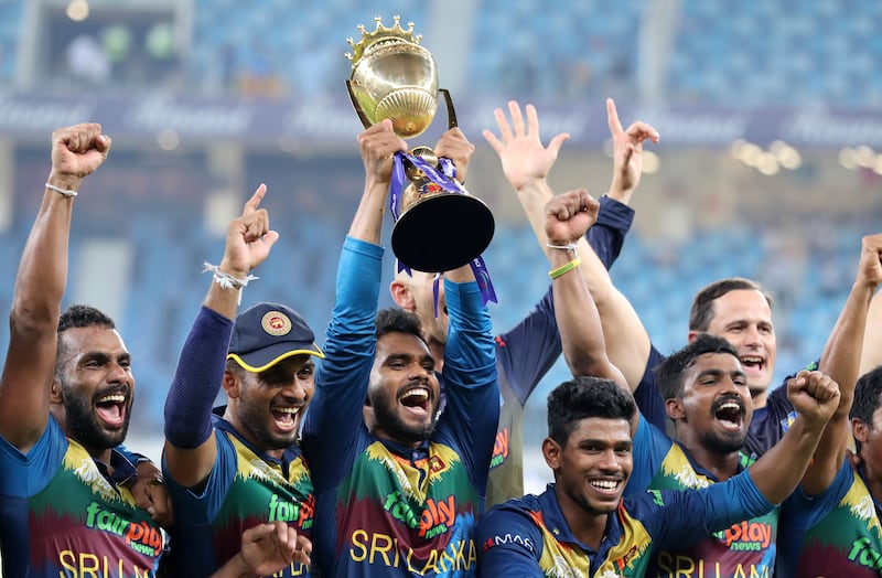 Sri Lanka celebrate after beating Pakistan by 23 runs in the Asia Cup final.