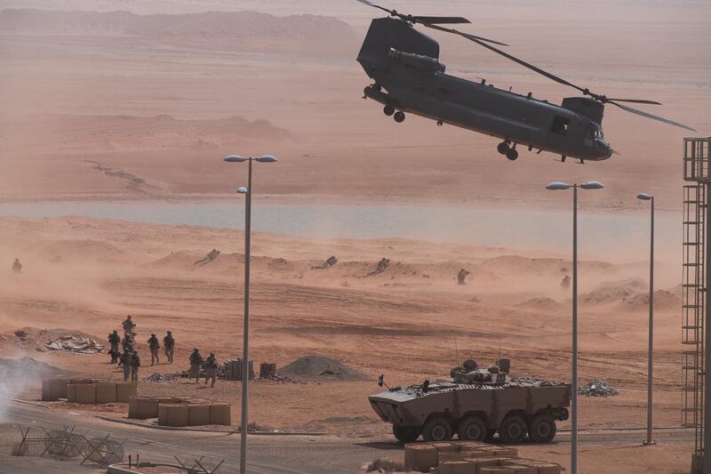 An Emirati Boeing CH-47 Chinook takes off during the exercise at a base in Abu Dhabi