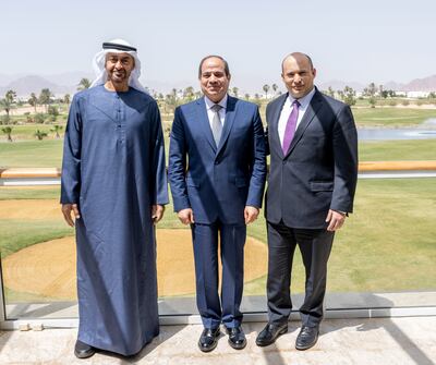 Sheikh Mohamed bin Zayed, Crown Prince of Abu Dhabi and Deputy Supreme Commander of the UAE Armed Forces, left, with Abdel Fattah El Sisi, President of Egypt, centre, and Naftali Bennett, Prime Minister of Israel. Photo: Ministry of Presidential Affairs