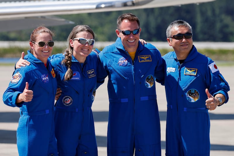 The SpaceX Crew-5 mission members, from left, Nicole Aunapu Mann, Anna Kikina, Josh Cassada and Koichi Wakata pose as they arrive at the Kennedy Space Centere to prepare for a launch scheduled for October 5 aboard a SpaceX Falcon9 rocket to the International Space Station, in Cape Canaveral, Florida. Reuters