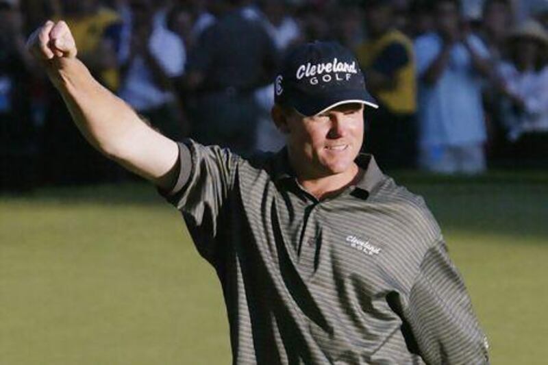 ROCHESTER, NEW YORK - AUGUST 17: Shaun Micheel of the USA celebrates during the final round of the 85th PGA Championship at Oak Hill Country Club on August 17, 2003 in Rochester, New York. (Photo by Craig Jones/Getty Images)