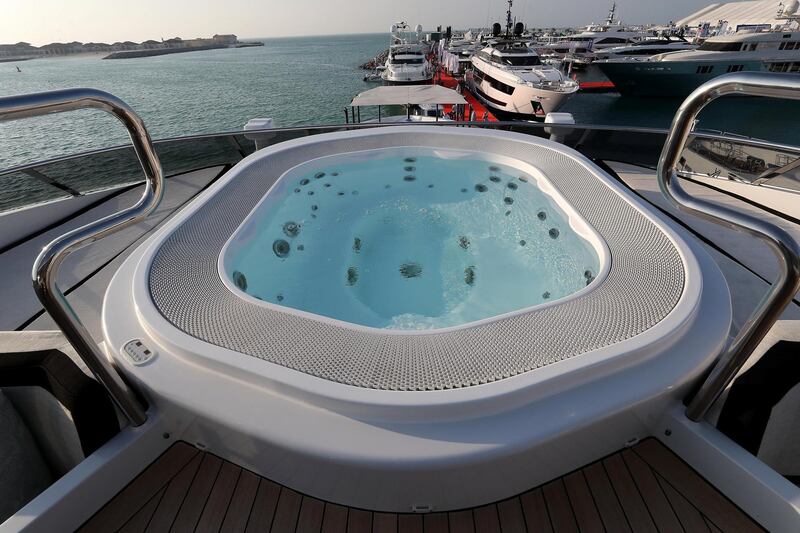 DUBAI , UNITED ARAB EMIRATES , February 26 – 2019 :- Jacuzzi on the Rocket Yacht which is on display at the Dubai International Boat Show held in Dubai. ( Pawan Singh / The National ) For Lifestyle. Story by Sophie