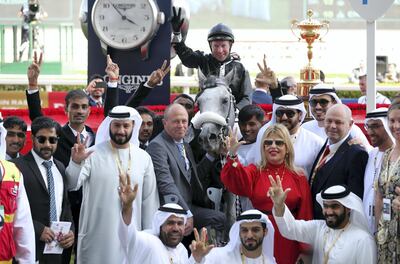 Dubai, United Arab Emirates - March 30, 2019: Af Maher ridden by Tadhg O'Shea wins the Dubai Kahayla Classic during the Dubai World Cup. Saturday the 30th of March 2019 at Meydan Racecourse, Dubai. Chris Whiteoak / The National