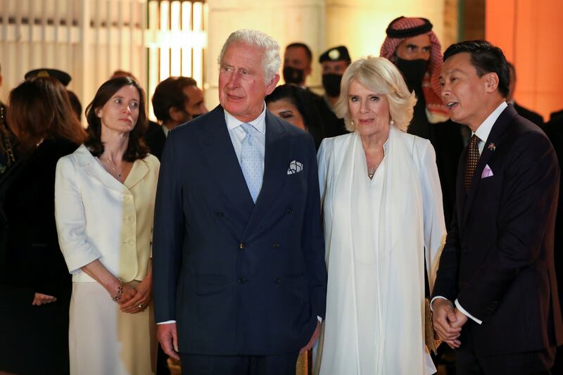 Prince Charles and Camilla arrive with British Ambassador to Jordan, Bridget Brind, and British Council Director in Jordan, Summer Xia. Reuters