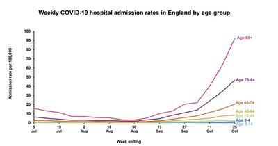 Hospitalisations are increasing across all age cohorts but especially the over 75s. Gov.uk