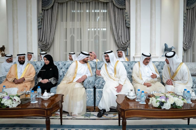 ABU DHABI, UNITED ARAB EMIRATES -June 15, 2018: (R-L) HH Sheikh Hazza bin Zayed Al Nahyan, Vice Chairman of the Abu Dhabi Executive Council, HH Sheikh Saud bin Rashid Al Mu'alla, UAE Supreme Council Member and Ruler of Umm Al Quwain, HH Sheikh Hamdan bin Zayed Al Nahyan, Ruler’s Representative in Al Dhafra Region, HH Sheikh Abdullah bin Salem Al Qasimi, Deputy Ruler of Sharjah, HE Dr Amal Abdullah Al Qubaisi, Speaker of the Federal National Council (FNC) and HH Sheikh Tahnoon bin Mohamed Al Nahyan, Ruler's Representative in Al Ain Region, attend Eid Al Fitr reception at Mushrif Palace. 

( Eissa Al Hammadi for Crown Prince Court - Abu Dhabi )
---