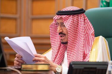 King Salman bin Abdulaziz taking part in a video conference with G20 leaders last month. Photo: EPA