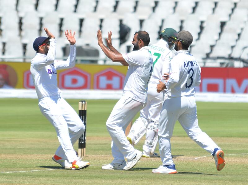 India bowler Mohammed Shami celebrates taking  the wicket of South Africa's Kyle Verreynne for a duck. Getty