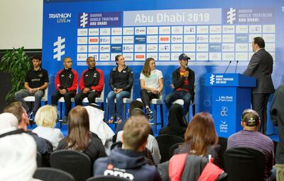 Abu Dhabi, UNITED ARAB EMIRATES - (L-R) Faris Al Zaabi, Micah, Jonah, Katie Zaferes, Vicky Holland and Mario Mola at the launch of The World Triathlon Abu Dhabi.  Leslie Pableo for The National