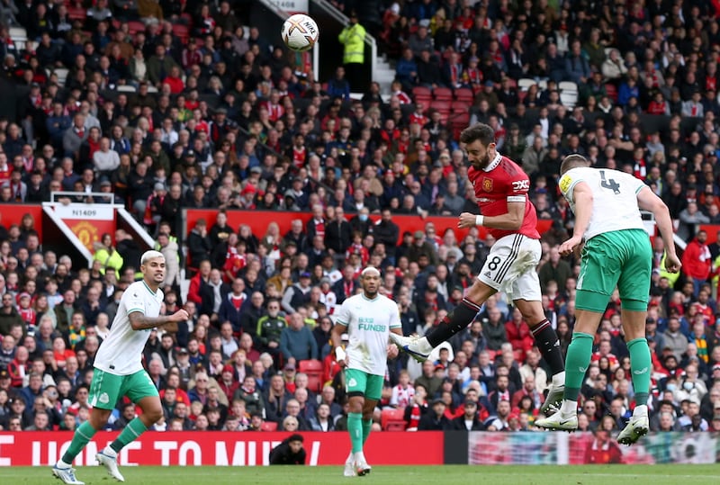 Bruno Fernandes misses a header for Manchester United. EPA