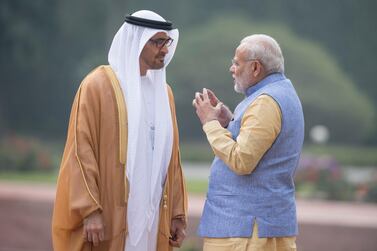 The visit to India of Sheikh Mohamed bin Zayed, Crown Prince of Abu Dhabi and Deputy Supreme Commander of the Armed Forces, pictured with Indian prime minister Narendra Modi, in January has helped cement ties. Hamad Al Kaabi / Crown Prince Court