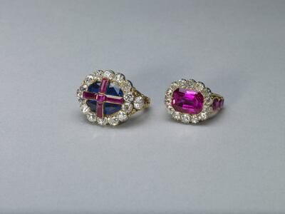 The Sovereign’s Ring is composed of a sapphire with a ruby cross set in diamonds. Photo: The Royal Household