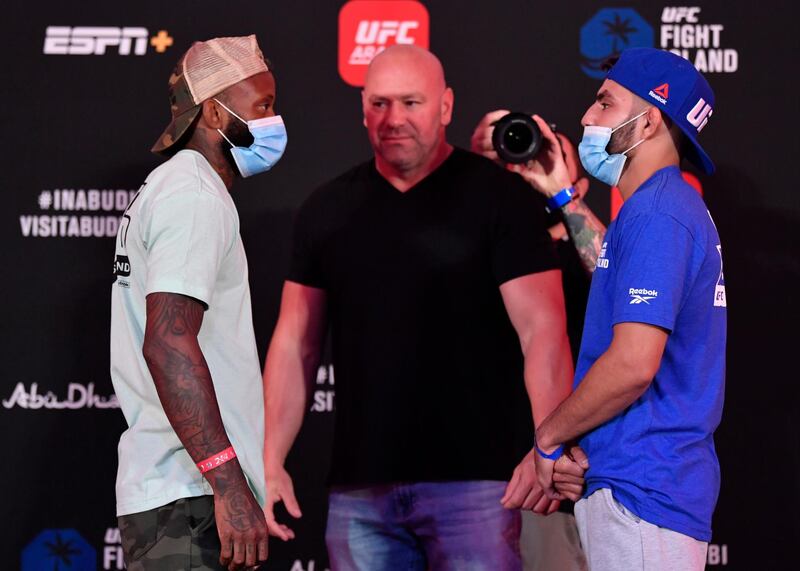 Dana White stands between Malcolm Gordon and Amir Albazi ahead of UFC Fight Night at Fight Island in Abu Dhabi. Getty Images