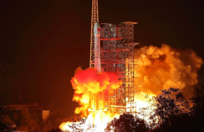 A 2018 image of the Chang'e 4 lunar probe launching from the Xichang Satellite Launch Center in southwest China's Sichuan Province. Xinhua / AP Photo