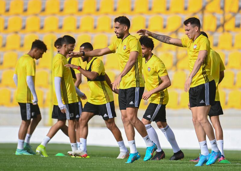 UAE national team train in Dubai before their 2022 World Cup qualifier against Iran in Tehran on Tuesday.
