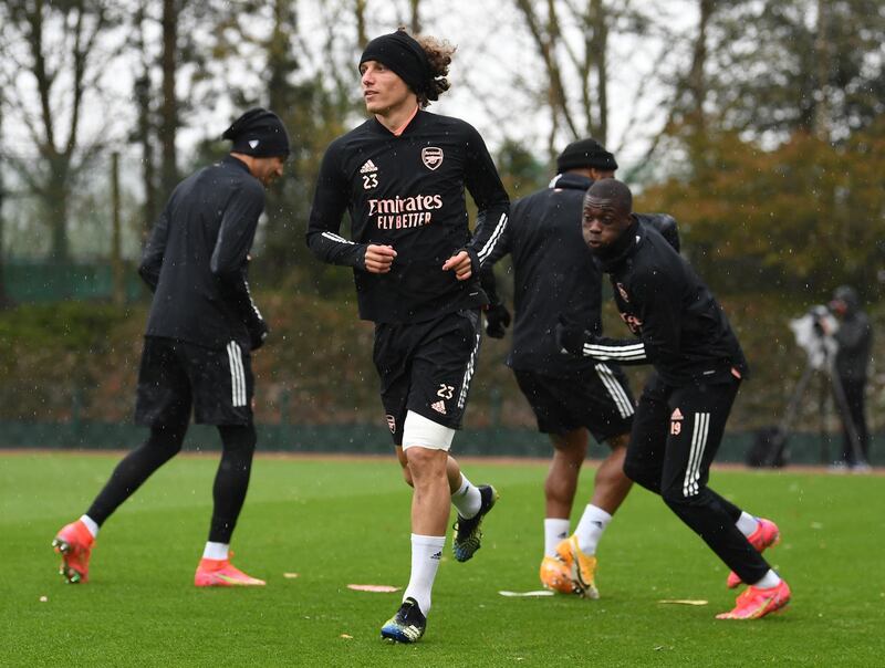 ST ALBANS, ENGLAND - MAY 05: David Luiz of Arsenal during the Arsenal 1st team training session at London Colney on May 05, 2021 in St Albans, England. (Photo by David Price/Arsenal FC via Getty Images)