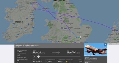 The flight path of Air India Flight 191 making a unscheduled stop at London's Stansted airport. Courtesy Flightradar24.com