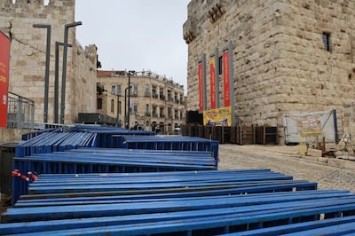 Police barriers by Jaffa Gate before Saturday's Holy Fire ceremony. Photo: Marie-Armelle Beaulieu