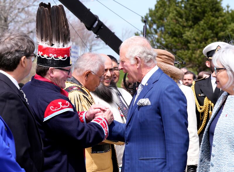 Indigenous leaders greet Prince Charles and Camilla, Duchess of Cornwall. AP