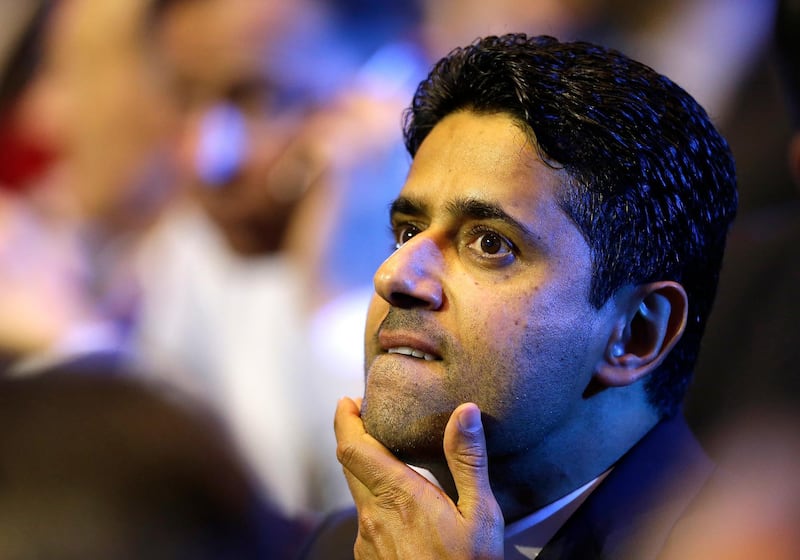 FILE - In this Aug. 25, 2016 file photo, President of Paris Saint-Germain soccer club, Nasser Al-Khelaifi, gestures during the UEFA Champions League draw at the Grimaldi Forum, in Monaco. Al-Khelaifi was questioned Wednesday, Oct. 25, 2017, by Swiss investigators who allege he bribed a top FIFA official in a World Cup broadcasting rights deal. He met with Switzerlandâ€™s federal prosecutors, two weeks after they revealed criminal proceedings against him. Al-Khelaifi is also Qatari soccer and television executive. (AP Photo/Claude Paris, File)