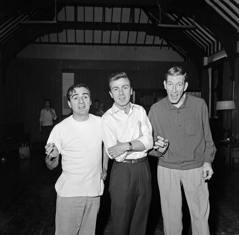 Pictured are Des O'Connor, Billy Dainty and Ron Parry. The trio are rehearsing ahead of appearing on 'Saturday Spectacular.' It is the first TV appearance as a comedy team for the three up-and-coming entertainers. They have just finished seven months in a summer revue at the London Palladium, 16th December 1960. (Photo by Victor Crawshaw/Mirrorpix/Getty Images)
