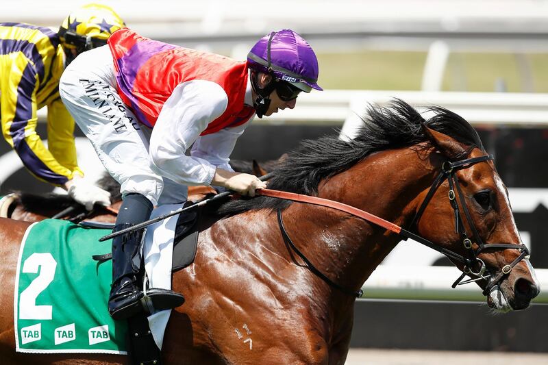 Damian Lane riding Ain'tnodeeldun beats Noel Callow riding Confrontational to win the Tab Trophy during 2020 Lexus Melbourne Cup. Getty Images for the VRC