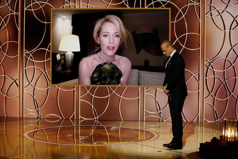 Gillian Anderson accepts the Best Supporting Actress - Television award for 'The Crown' via video at the 78th Annual Golden Globe Awards. AFP / NBCUniversal