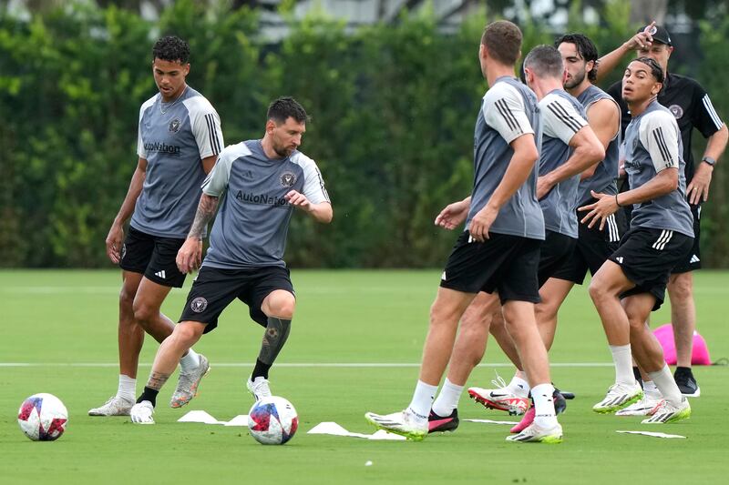 Inter Miami forward Lionel Messi trains with his new teammates during team practice at Florida Blue Training Center at Fort Lauderdale, Florida. AP