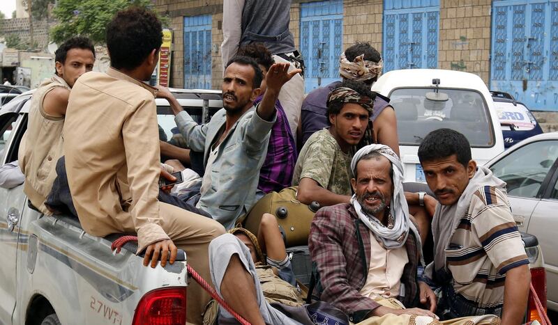 epa06827040 Displaced Yemenis who fled homes in war-torn port city of Hodeidah ride a pickup vehicle as clashes intensify in western coast areas, in Sanaâ€™a, Yemen, 21 June 2018. According to reports, Yemeni government forces backed by the Saudi-led coalition launched a week ago a military offensive to regain control of the Red Sea port-city of Hodeidah acts as an entrance point for Houthi rebel supplies and humanitarian aid.  EPA/YAHYA ARHAB