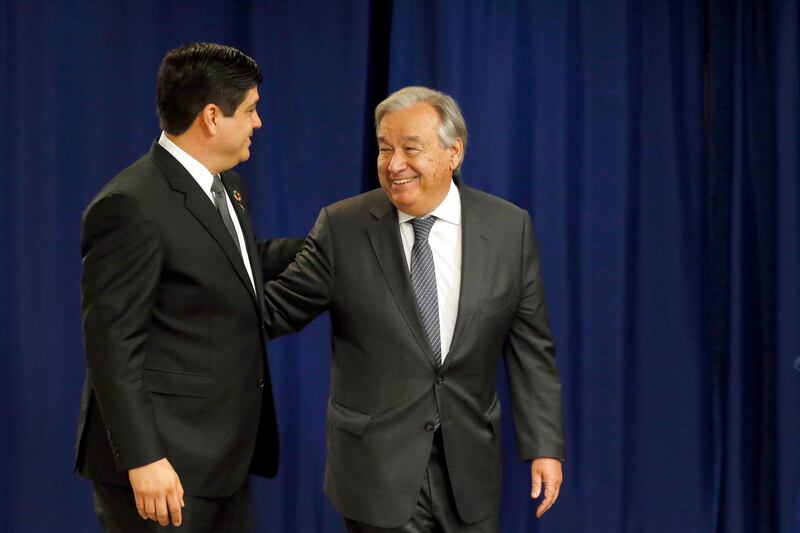 Costa Rica's President Carlos Alvarado Quesada, left, meets with United Nations Secretary-General Antonio Guterres during the 74th session of the U.N. General Assembly, at U.N. headquarters. AP Photo