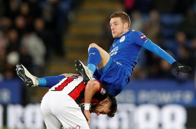 Soccer Football - FA Cup Fifth Round - Leicester City vs Sheffield United - King Power Stadium, Leicester, Britain - February 16, 2018   Leicester City's Jamie Vardy in action with Sheffield United's George Baldock    Action Images via Reuters/Carl Recine