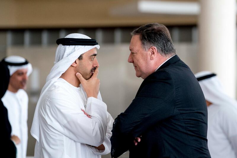 Sheikh Abdullah speaks with Mr Pompeo at the Al Shati Palace. AP Photo