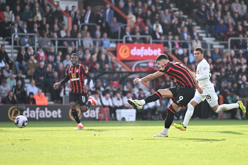Dominic Solanke of Bournemouth scores his team's first goal in the 2-2 Premier League draw with Manchester United at the Vitality Stadium on April 13, 2024. Getty Images