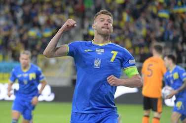 Player Andriy Yarmolenko of Ukraine celebrates after a goal is scored during the UEFA Nations League soccer match between Ukraine and Ireland in Lodz, Poland, 14 June 2022.   EPA / Grzegorz Michalowski POLAND OUT