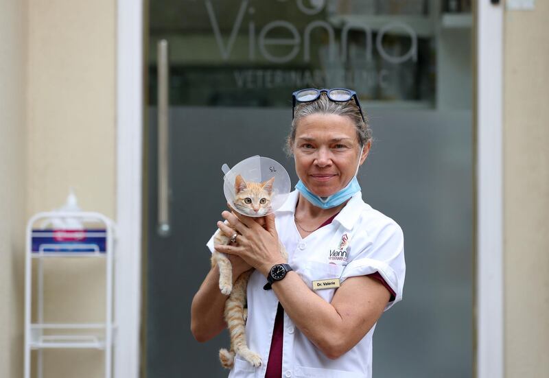 Dubai, United Arab Emirates - Reporter: N/A: UAE Heroes. Dr Valerie Battistella aged 48 from France is a vet for Vienna veterinary clinic. She said "We wear masks, wash our hands frequently and sanitise anything in the clinic. We also get information from the patience before they come in and then practice social distancing. The public have been surprised that we are open but also very very grateful". Thursday, March 26th, 2020. Jumeirah, Dubai. Chris Whiteoak / The National