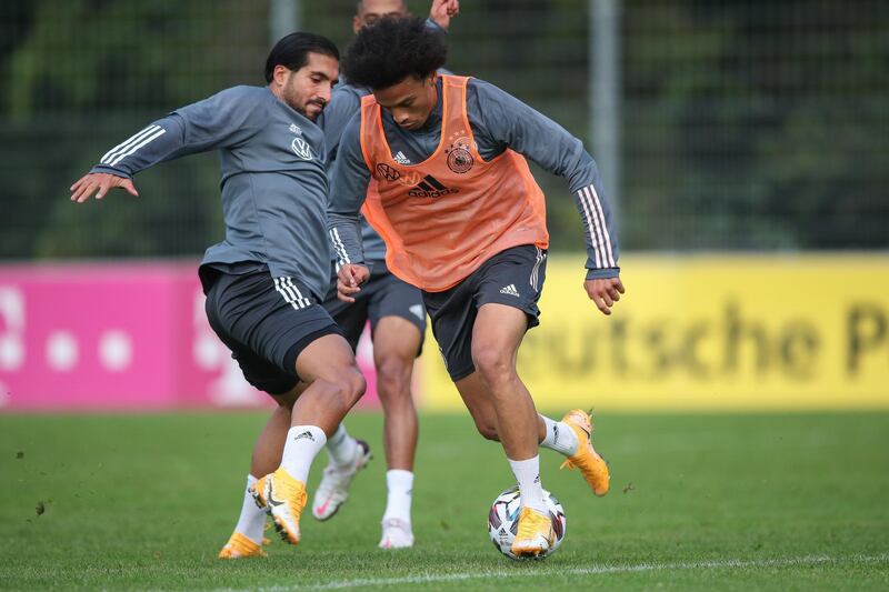 Emre Can tackles Leroy Sane of Germany during a training session at ADM-Sportpark ahead of Germany's Uefa Nations League group stage match against Spain. Getty Images