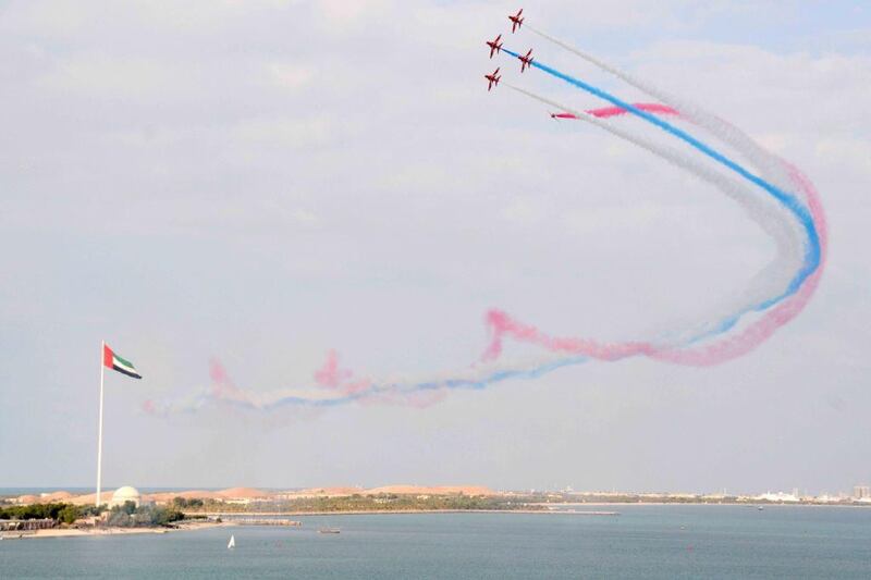 The Royal Air Force Aerobatic Team, known as the Red Arrows, will perform over Abu Dhabi Corniche on Thursday. Courtesy Foreign and Commonwealth Office