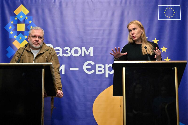 Ukraine’s Energy Minister German Galushchenko and EU Energy Commissioner Kadri Simson in Kyiv. AFP