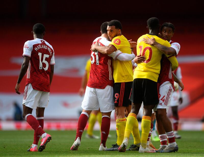 Arsenal and Watford players after the final game of the Pemier League season. EPA